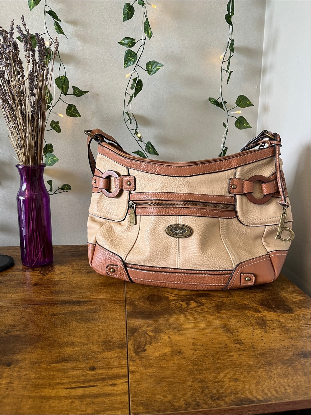 boc Two-Tone Beige and Brown Leather Shoulder Bag